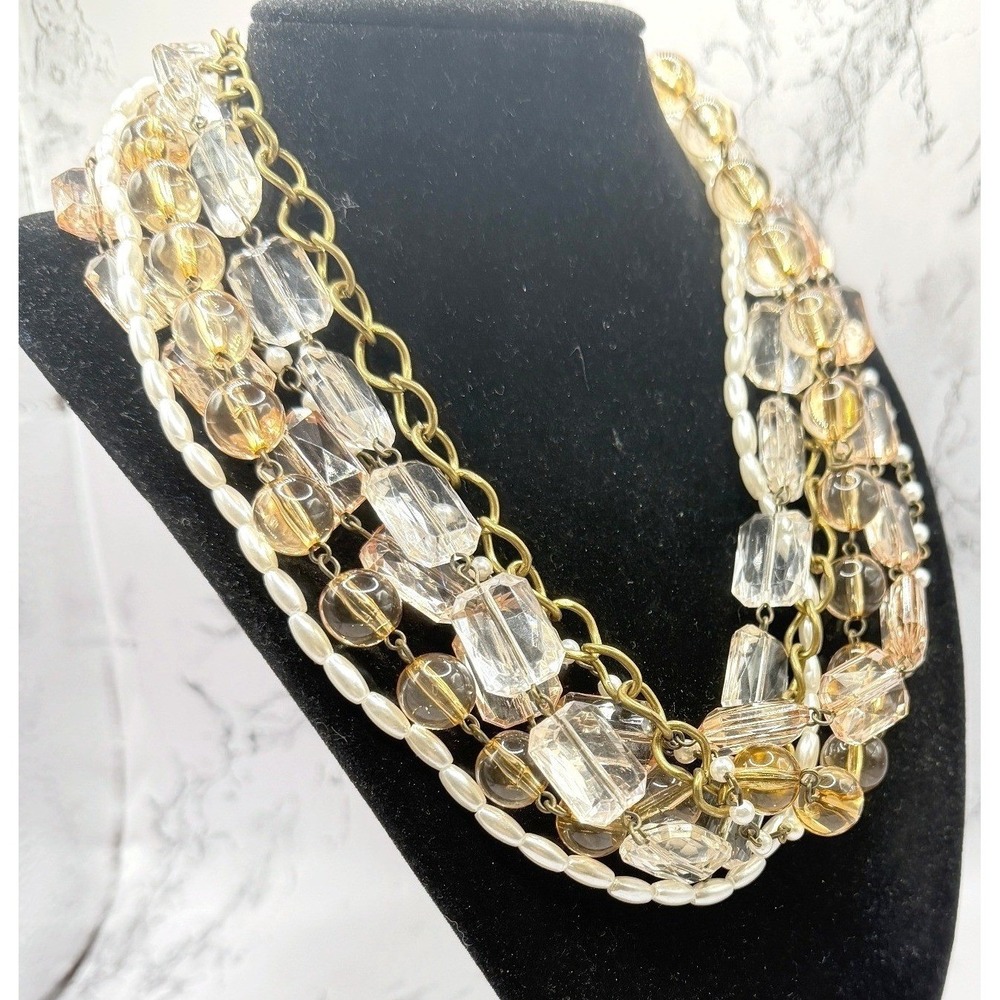 Champagne Gold Multi Strand Necklace 6 Layer Beaded Statement 17-20
